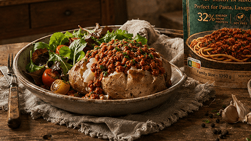 Bolognese meal made with plant-based ragu and potatoes