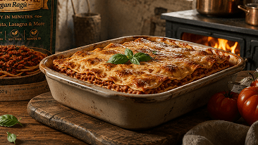 Freshly baked lasagne made with plant-based ragu