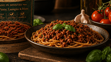 Pasta topped with Stew Factory plant-based Bolognese sauce