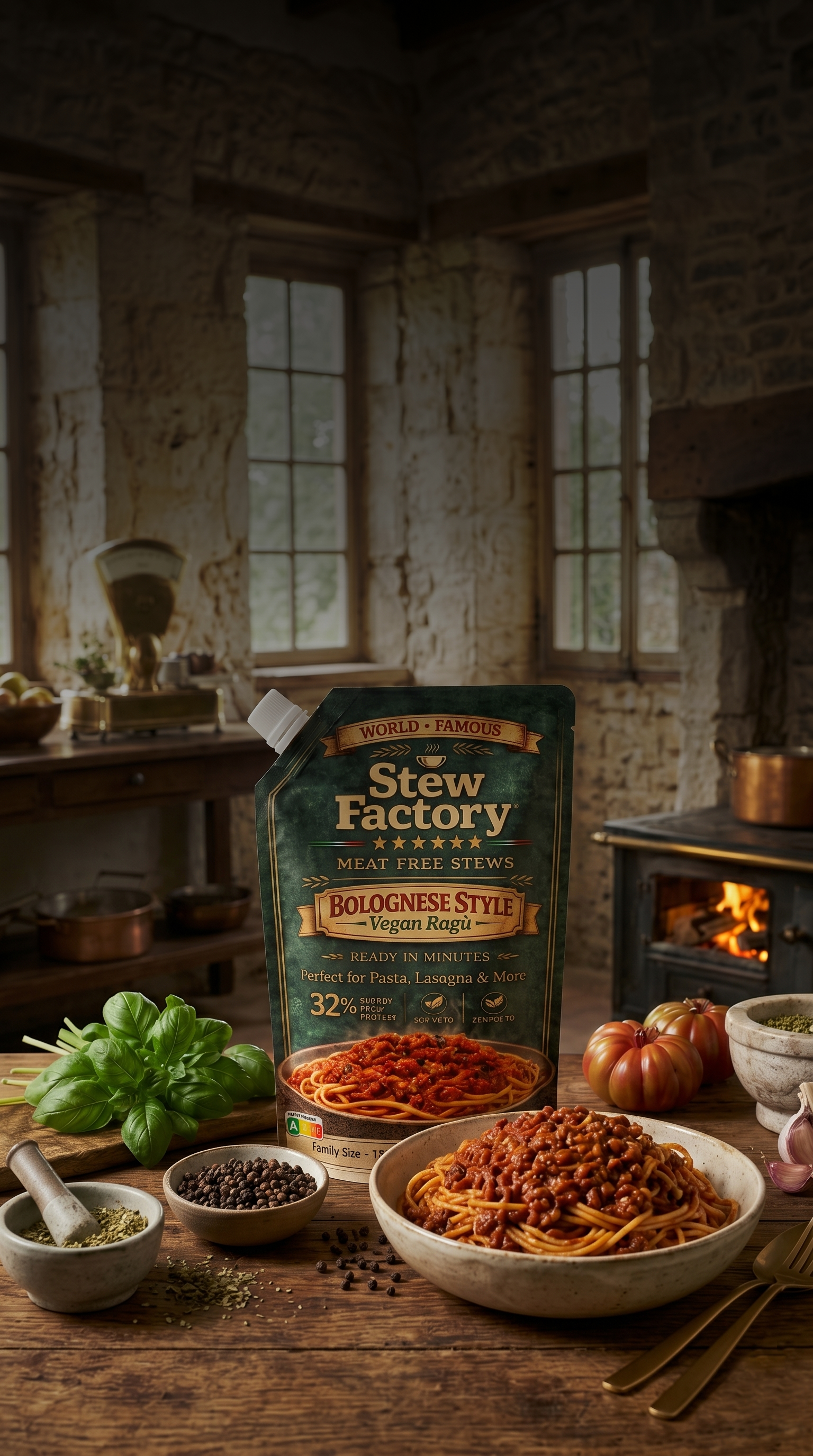 Stew Factory Bolognese Style packaging with fresh ingredients in the background