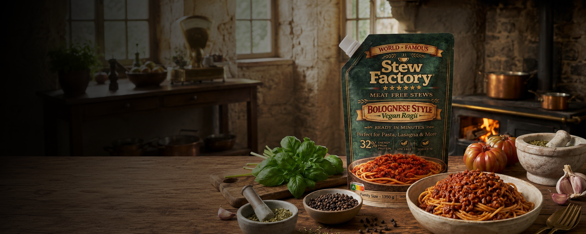 Stew Factory Bolognese Style packaging with fresh ingredients in the background